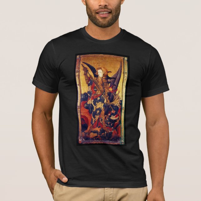 St. Michael Vanquishing Devil as Mediaeval Knight T-Shirt (Front)
