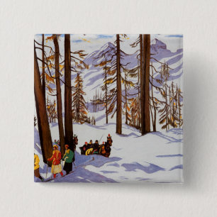 St. Moritz Vintage Skiers Alpine Elegance Art 15 Cm Square Badge