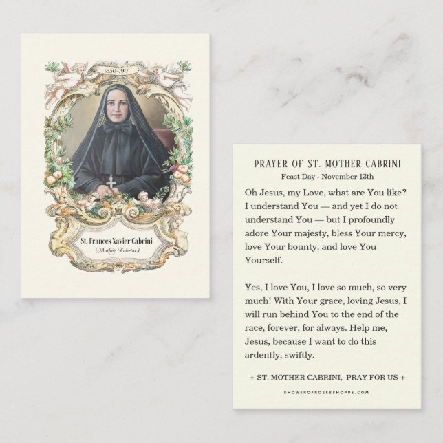 St. Mother Cabrini Catholic Religious Nun Prayer Enclosure Card (Front/Back)