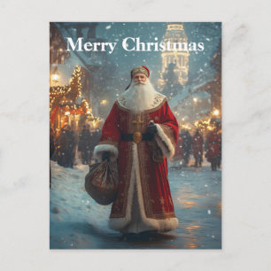 St. Nicholas in a Festive Snowy Village  Holiday Postcard