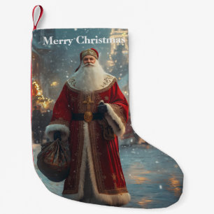 St. Nicholas in a Festive Snowy Village Small Christmas Stocking
