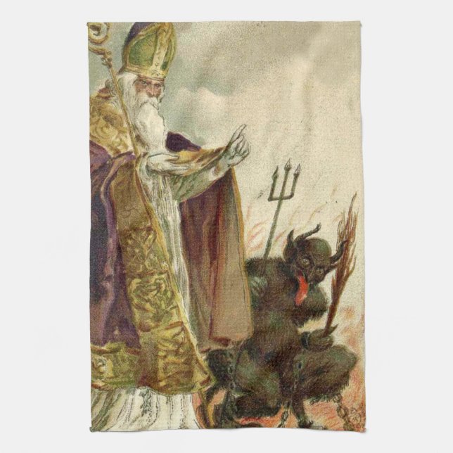 St Nicholas Krampus Pitchfork Priest Tea Towel (Vertical)