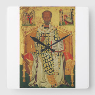 St. Nicholas of Myra Byzantine Orthodox Icon Square Wall Clock