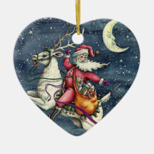 ST. NICK, FLYING WHITE REINDEER, CHRISTMAS MAGIC CERAMIC TREE DECORATION