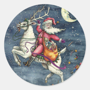 ST. NICK, FLYING WHITE REINDEER, CHRISTMAS MAGIC CLASSIC ROUND STICKER
