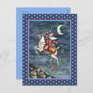 ST. NICK, FLYING WHITE REINDEER, CHRISTMAS MAGIC HOLIDAY POSTCARD