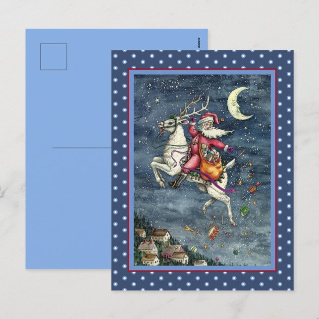 ST. NICK, FLYING WHITE REINDEER, CHRISTMAS MAGIC HOLIDAY POSTCARD (Front/Back)