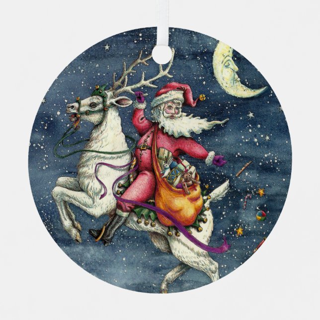 ST. NICK, FLYING WHITE REINDEER, CHRISTMAS MAGIC METAL TREE DECORATION (Front)