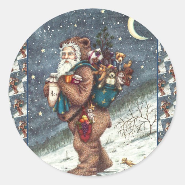 ST. NICK IN TEDDY BEAR SUIT, CHRISTMAS TEDDIES CLASSIC ROUND STICKER (Front)