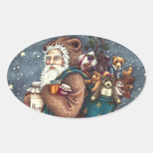 ST. NICK IN TEDDY BEAR SUIT, CHRISTMAS TEDDIES OVAL STICKER