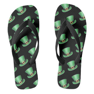 St Paddy's Day Green Top Hat Pattern on Black Flip Flops