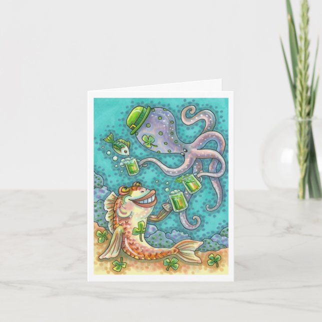 St. PADDY'S FISH AND OCTOPUS CHEERS TO GREEN BEER Holiday Card (Front)