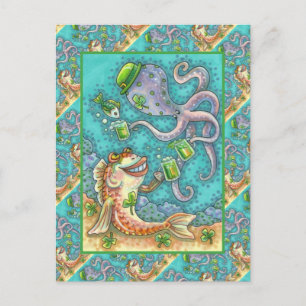 St. PADDY'S FISH AND OCTOPUS CHEERS TO GREEN BEER Holiday Postcard
