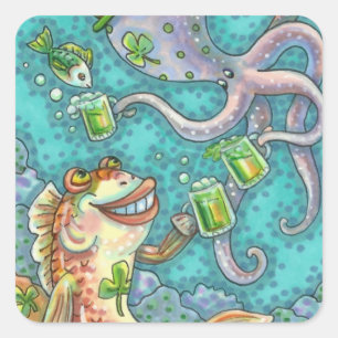 St. PADDY'S FISH AND OCTOPUS CHEERS TO GREEN BEER Square Sticker