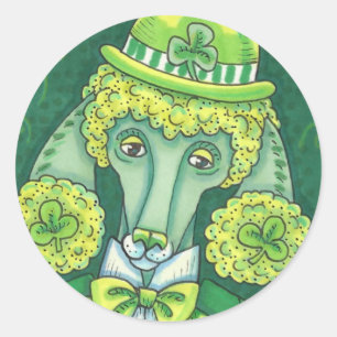 ST. PADDY'S IRISH GREEN FRENCH POODLE, LUCKY DOG CLASSIC ROUND STICKER