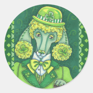 ST. PADDY'S IRISH GREEN FRENCH POODLE, LUCKY DOG CLASSIC ROUND STICKER