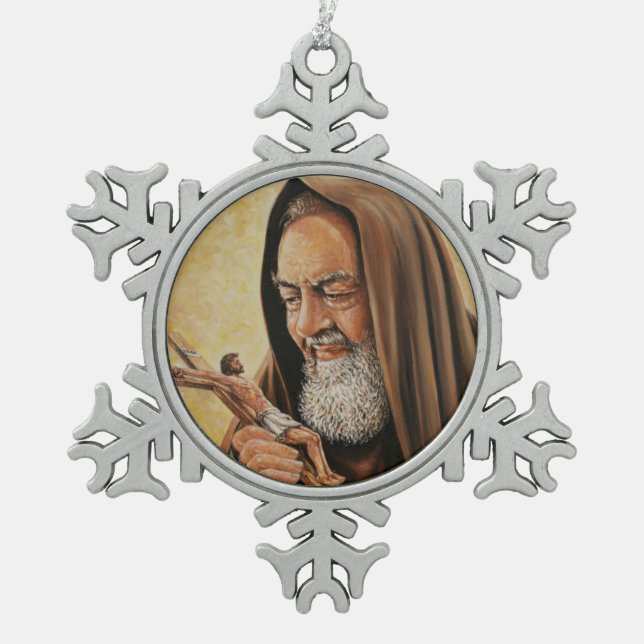 St. Padre Pio with Crucifix Snowflake Pewter Christmas Ornament (Front)