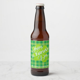 St Patrck's Day Lucky Clover Green Tartan Custom Beer Bottle Label