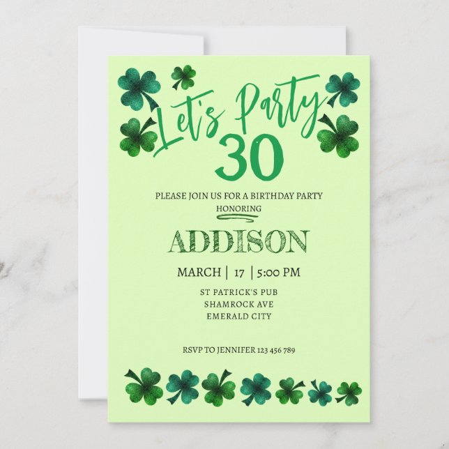 St Patrick Day Birthday Lets party shamrock adult Invitation (Front)