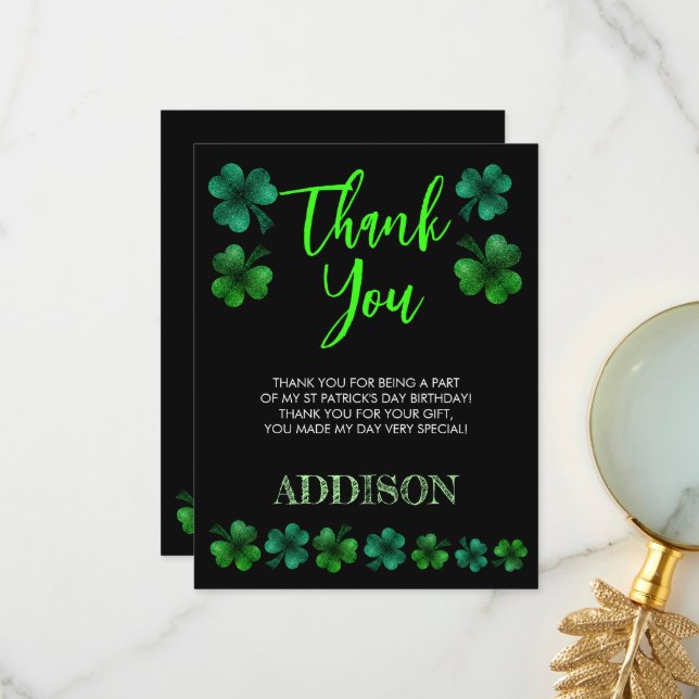 St Patrick Day Birthday Lets party shamrock Thank You Card (Front/Back In Situ)