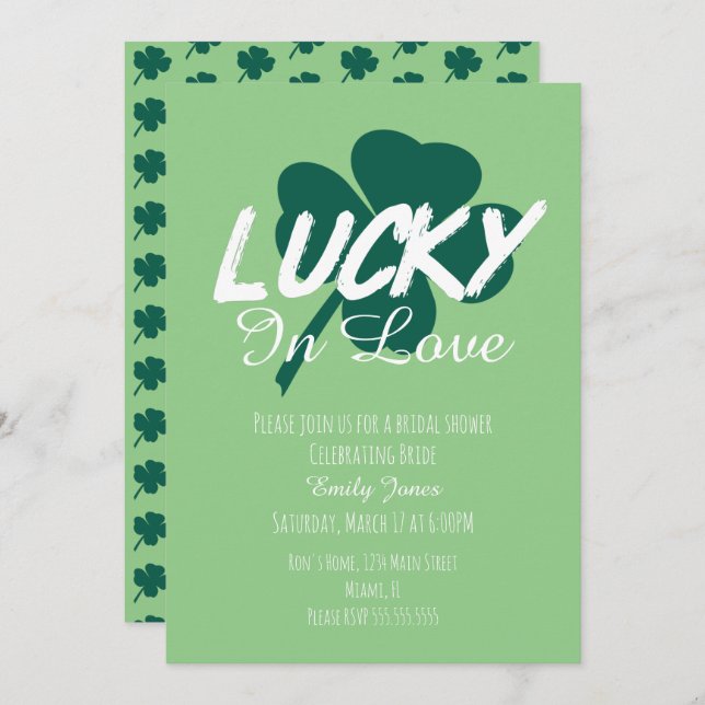 St Patrick Day Lucky In Love Green Bridal Shower  Invitation (Front/Back)