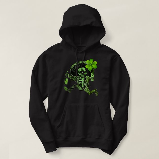 St Patrick Day Skeleton Drinking Wine Clover Shamr Hoodie (Design Front)