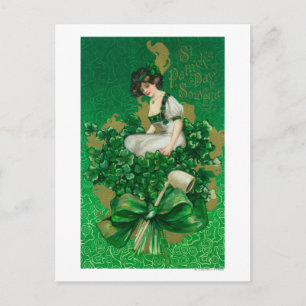St. Patrick Day Souvenir Woman on Clover Scene Postcard