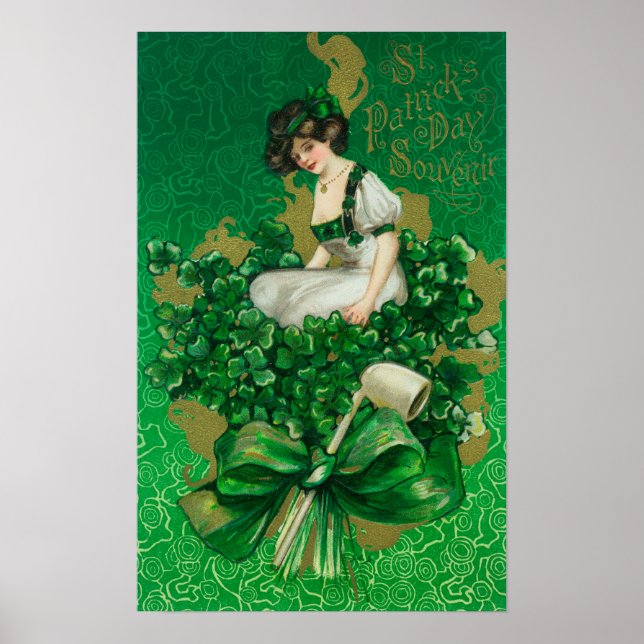St. Patrick Day Souvenir Woman on Clover Scene Poster (Front)