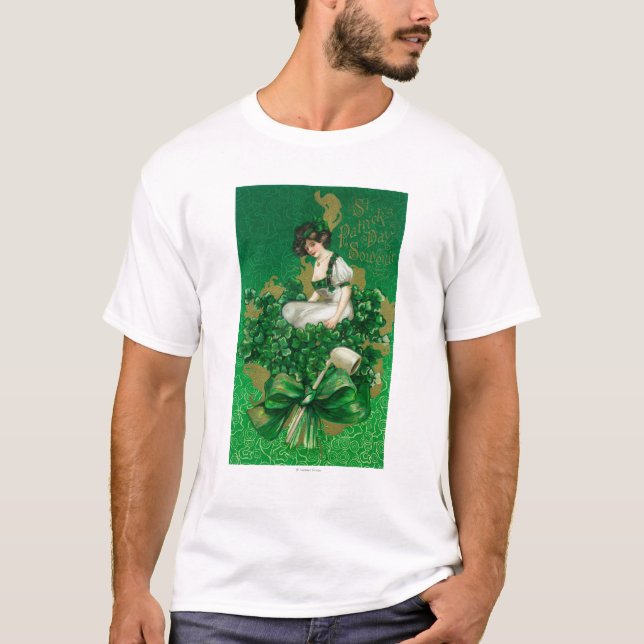 St. Patrick Day Souvenir Woman on Clover Scene T-Shirt (Front)