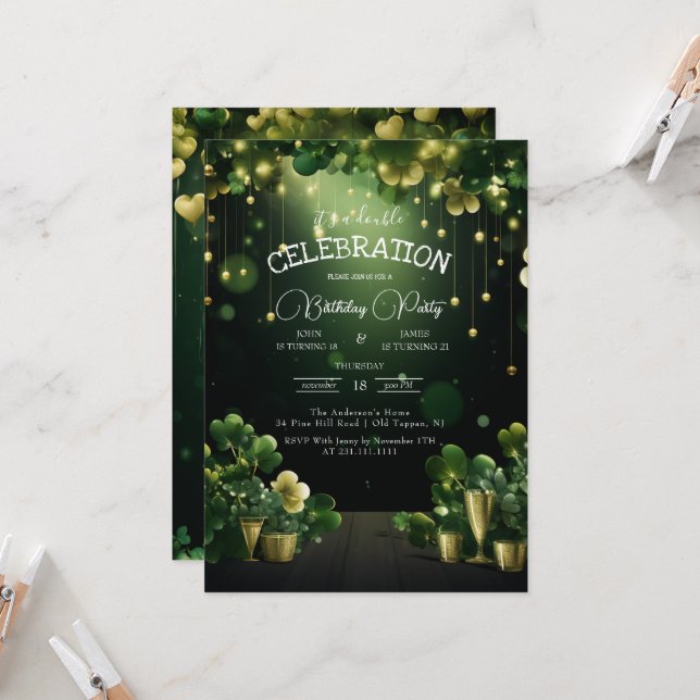 St. Patrick Double birthday party green clover Invitation (Front/Back In Situ)