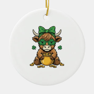 St Patrick Highland Cow Pot of Gold Vintage Art_1 Ceramic Tree Decoration