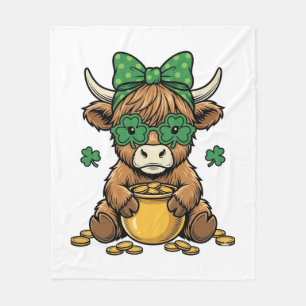 St Patrick Highland Cow Pot of Gold Vintage Art_1 Fleece Blanket