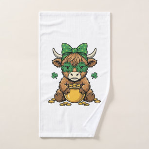 St Patrick Highland Cow Pot of Gold Vintage Art_1 Hand Towel