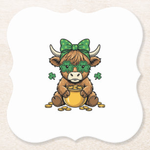 St Patrick Highland Cow Pot of Gold Vintage Art_1 Paper Coaster