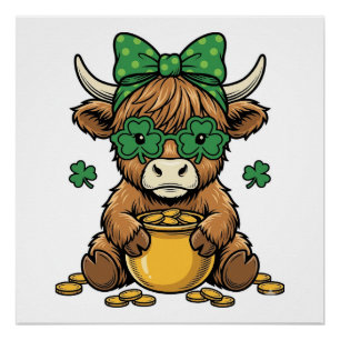 St Patrick Highland Cow Pot of Gold Vintage Art_1 Poster