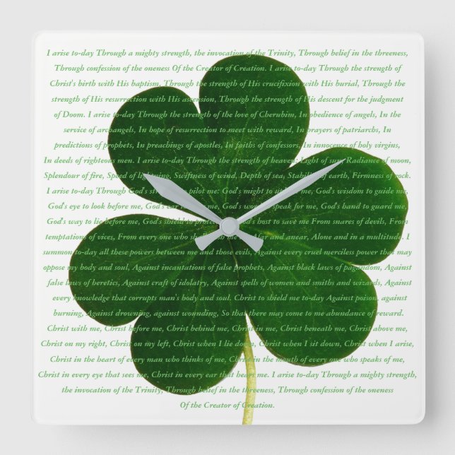 St. Patrick Irish Poem The Deer's Cry Shamrock Square Wall Clock (Front)