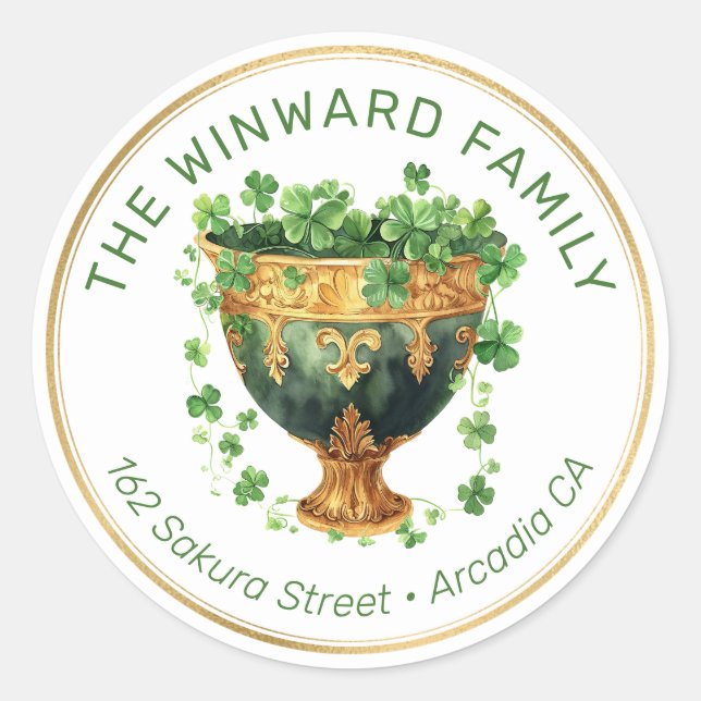 St. Patrick’s Bowl & Shamrocks Address Classic Round Sticker (Front)
