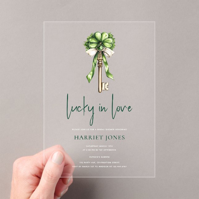 St Patrick’s Bridal Shower Gold Key & Clover Acrylic Invitations (Insitu (Handheld))