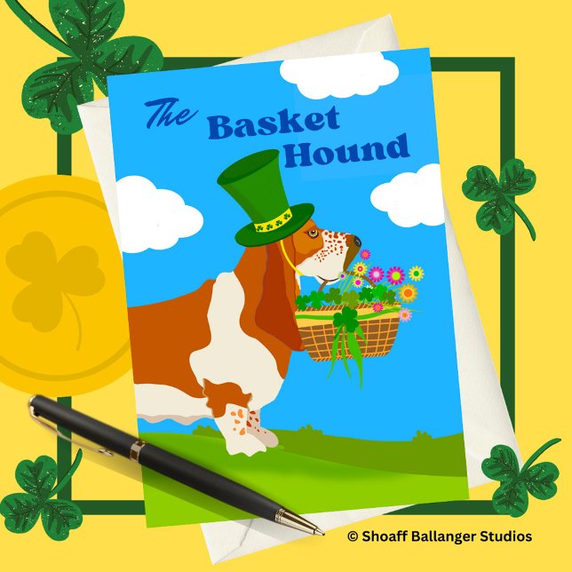 St Patrick’s Day Adorable Basket Basset Hound Card (Creator Uploaded)