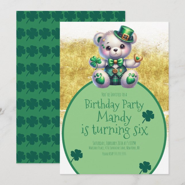 St.Patrick’s Day Bear Birthday Gold Green Invitation (Front/Back)