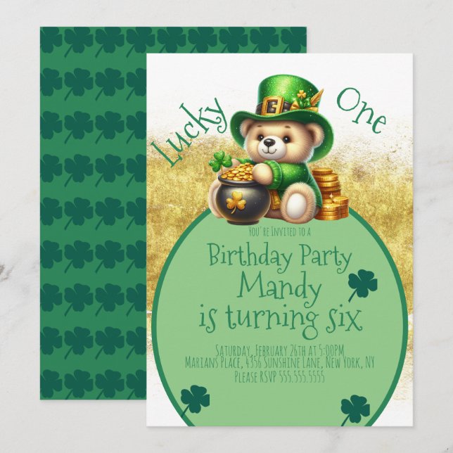 St.Patrick’s Day Bear Cute Birthday Lucky One Invitation (Front/Back)