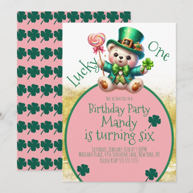 St.Patrick’s Day Bear Cute Girl Birthday Lucky One Invitation (Front/Back)