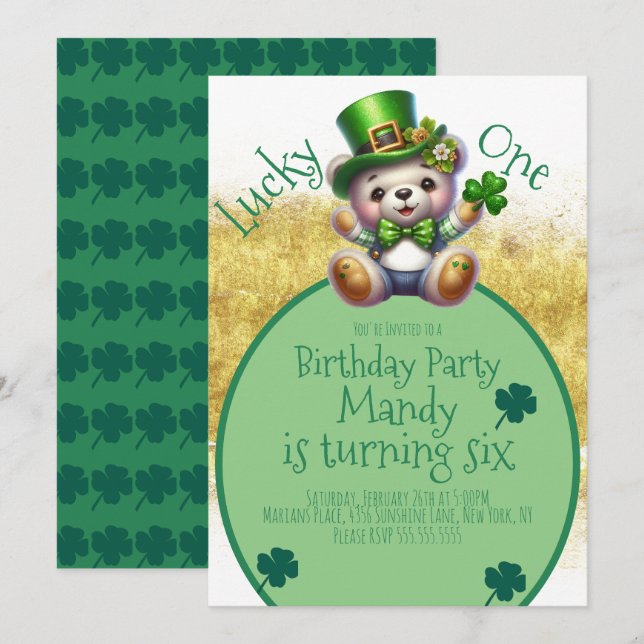 St.Patrick’s Day Bear Cute Gold Birthday Lucky One Invitation (Front/Back)