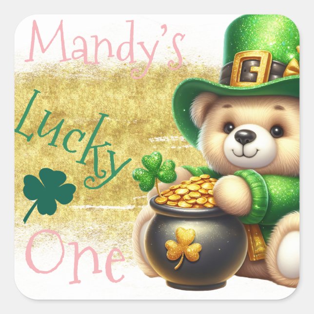 St.Patrick’s Day Bear Gold Birthday Lucky One Square Sticker (Front)