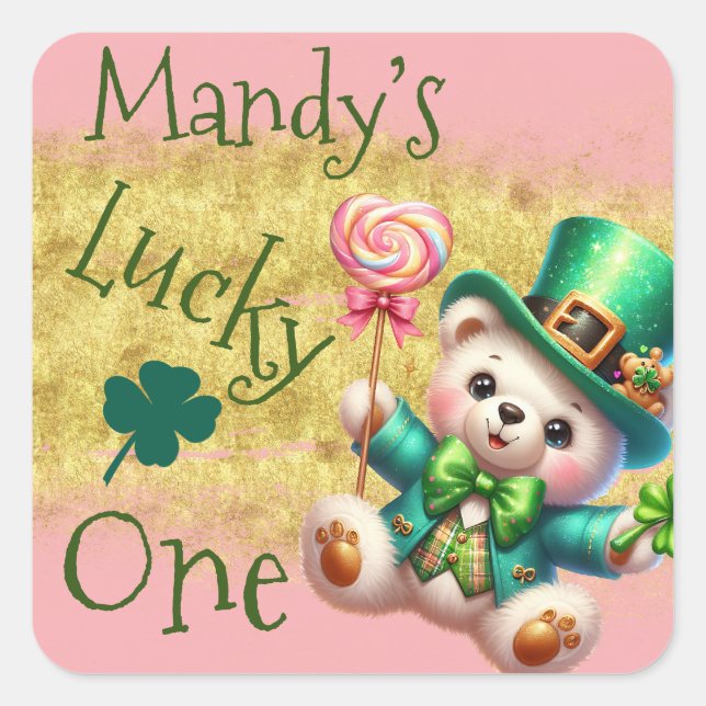 St.Patrick’s Day Bear Pink Birthday Lucky One Square Sticker (Front)