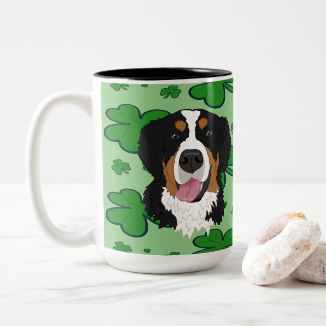 St. Patrick’s Day Bernese Mountain Dog   Two-Tone Coffee Mug (With Donut)