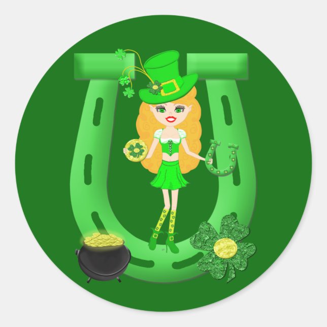 St Patrick’s Day Blonde Girl Leprechaun Classic Round Sticker (Front)