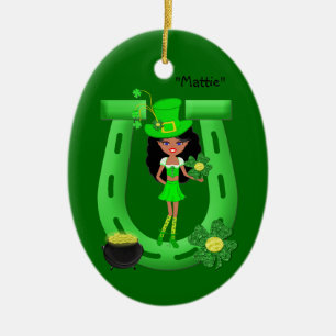 St Patrick’s Day Brunette Girl Leprechaun Ceramic Tree Decoration
