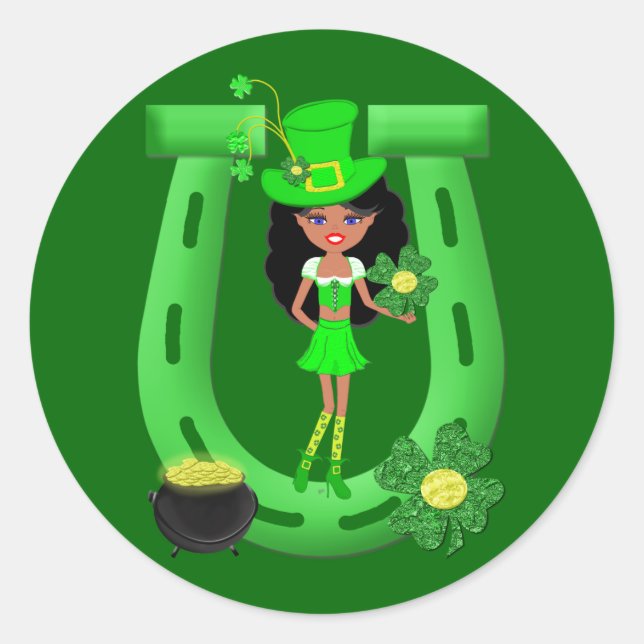 St Patrick’s Day Brunette Girl Leprechaun Classic Round Sticker (Front)
