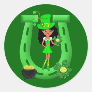 St Patrick’s Day Brunette Girl Leprechaun Classic Round Sticker